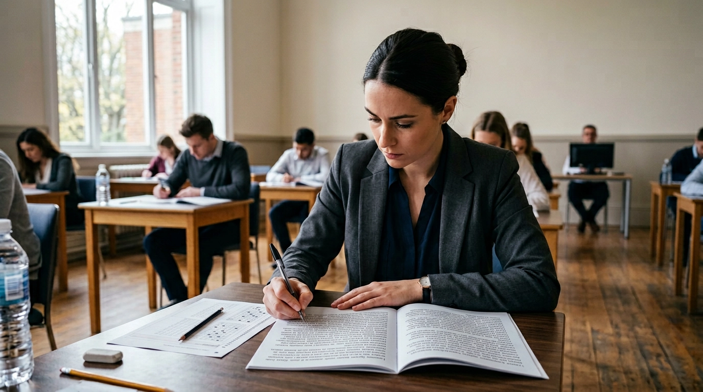 Candidate concentrée passant le test TOEIC dans une salle d'examen