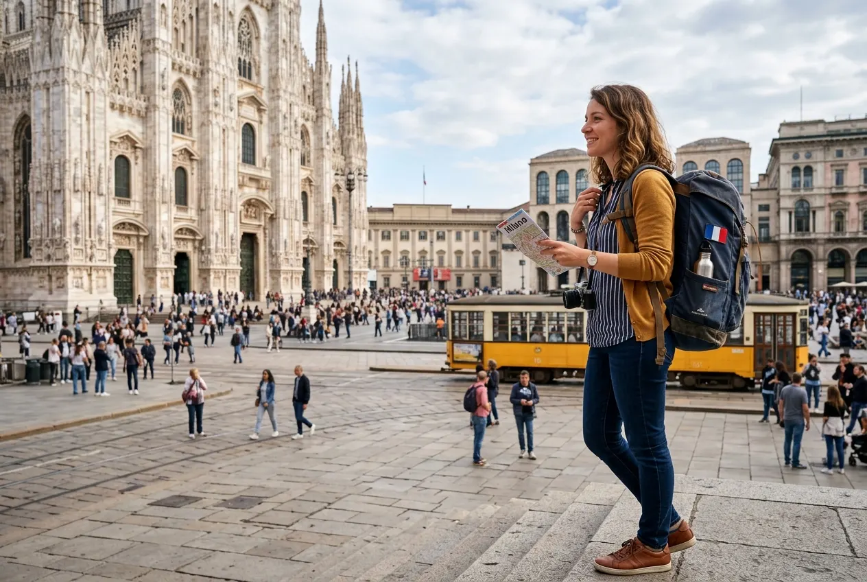 Expatriée française devant le Duomo de Milan, prête pour une nouvelle vie professionnelle à l'étranger